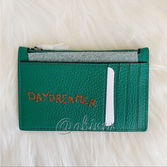 NWT Coach Zip Card Case in Green Leather with Diary Embroidery - Picture 4 of 8